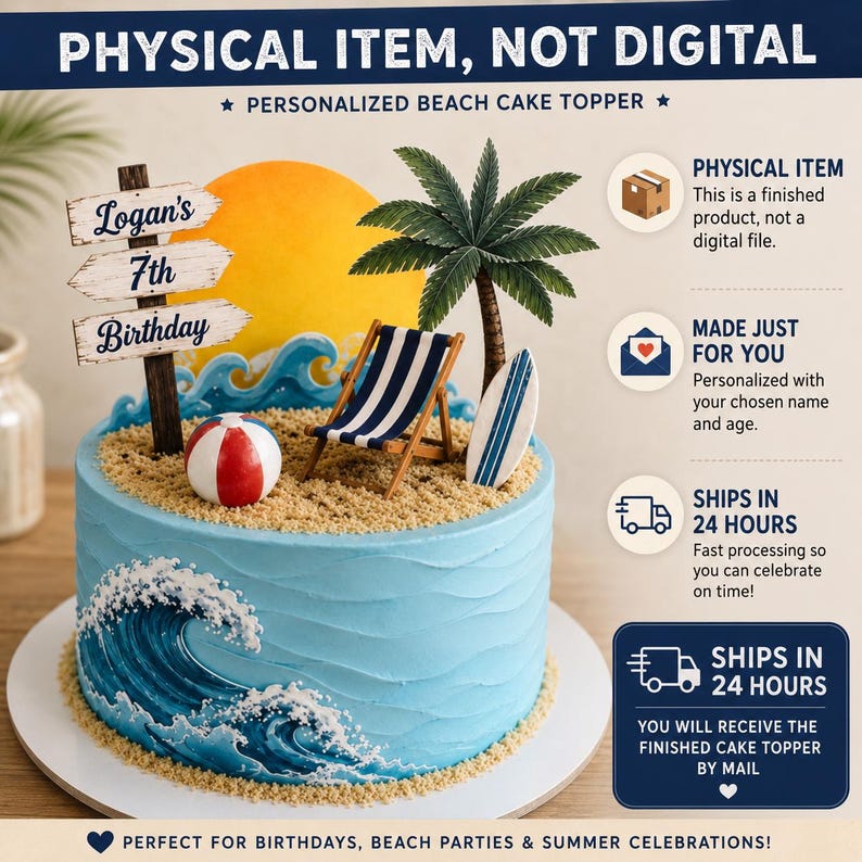 Summer Beach Party Cake Topper | Personalized Birthday Decor | Fast ...