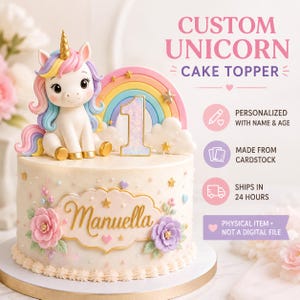 Custom Pastel Unicorn Cake Topper, Personalized Name Rainbow, Cardstock, fast shipping