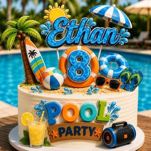 May include: A round white cake decorated with pool party themed toppers including a palm tree, surfboard, beach ball, life preserver with the number 80, blue umbrella, sunglasses, flip-flops, a drink, and a speaker. The text reads Ethan and Pool Party.