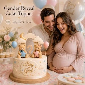 May include: A gender reveal cake with a teddy bear theme. The cake is decorated with a crescent moon, clouds, and two teddy bears holding a star and a blue star. The cake has the text "Boy or Girl".