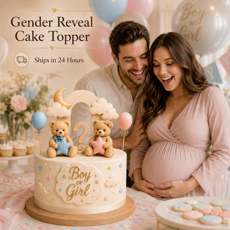 May include: A gender reveal cake with a teddy bear theme. The cake is decorated with a crescent moon, clouds, and two teddy bears holding a star and a blue star. The cake has the text "Boy or Girl".
