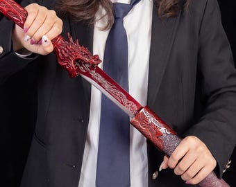 Katana dragon rouge fait main - Épée de samouraï décorative en acier au carbone 1060, présentoir pour cosplay