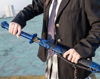 Hand-Forged Dragon & Clouds Artisan Katana with Blue Steel Blade - Heirloom Display Piece for Collectors