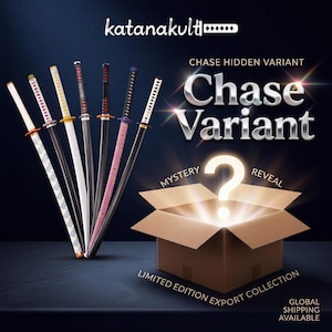 Könnte beinhalten: Werbebild mit mehreren Katana-Schwertern mit unterschiedlichen Griff- und Klingendesigns. Die Worte "Chase Variant" sind zu sehen, zusammen mit einem Karton mit einem Fragezeichen, was auf eine Mystery-Enthüllung hindeutet. Der Text "Limited Edition Export Collection" ist ebenfalls sichtbar.