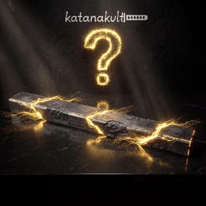 May include: A futuristic, rectangular object with a textured surface, possibly a weapon or tool, is illuminated by golden energy. A glowing question mark hovers above, with the text "katanakult" in the upper left corner.