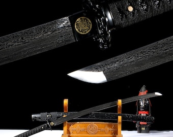 Hand-Forged Damascus Steel Katana, Black Ito, Gold Tsuba, Collectible Sword