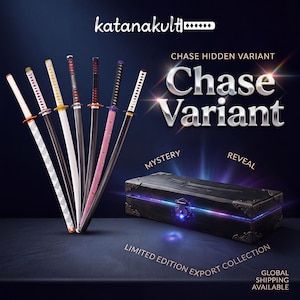 May include: A collection of seven katana swords with varied hilt and scabbard designs, including white, black, pink, and patterned options. A rectangular black wooden storage box with metal corner accents and a central latch sits beside the swords.