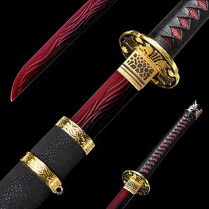 May include: A detailed view of a katana sword with a red and black blade. The handle is wrapped in black material with gold accents. The blade has a unique wave pattern. The sword is displayed against a black background.