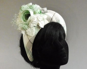 made with passion this soft green cream and grey halo hat ;lovely tweed fabric with ton sur ton flowers, birdcage veil fabric and leaves