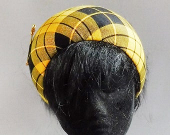 made with passion yellow and black check / tartan halo hat looks like MacLeod Dress Modern but without the red stripe with scottish pin