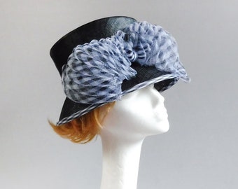 Enchanting derby hat in white and black made from sinamay and crin size 58,5 cm or 23 inch or smaller