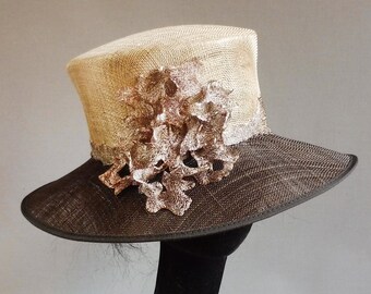 Made with passion brown and cream hat with steel copper coloured crochet finish size 58,5 cm or 23,2 inch or smaller