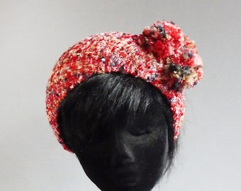 made with passion this red with rainbow coloured bouclé halo hat with ton sur ton pom poms inspired by Duchess of Cambridge