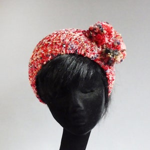 made with passion this red with rainbow coloured bouclé halo hat with ton sur ton pom poms inspired by Duchess of Cambridge