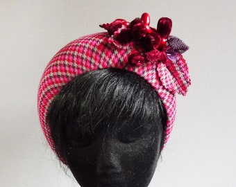 Festive halo hat made of pink, gray and burgundy tweed fabric with ton sur ton flower(ish) decoration