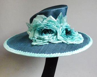 Dutch design teal sinamay hat with mint braid and handmade ton sur ton flowers size 59 cm or 22,8 inch or smaller