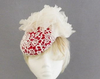 lace percer hat in red and off white with off white flowers on comb