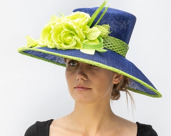 Made with passion navy blue sinamay hat with apple green trimming and flowers size 58 cm or 22.7 inch or smaller