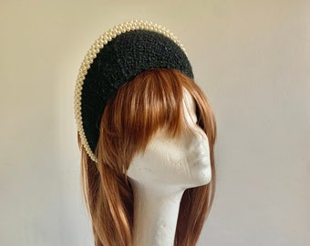 Black bouclé halo hat with halo formed pearl band