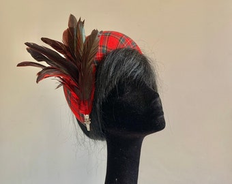 royal stewart tartan Halo hat with vintage dear brooch with ton sur ton feathers