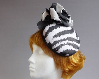 Dutch design zebra black and white cocktail hat with ton sur ton flowers on aliceband