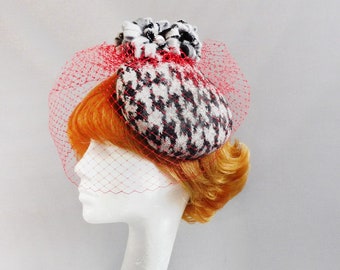 Dutch design grey and off white houndstooth hat with two included but optional birdcage veilings on comb