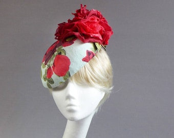 multi coloured rose hat with ton sur ton handmade flowers and leaves on comb