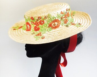 Made with passion lace embroidered ladies boater in straw, green and orange ideal as derby hat