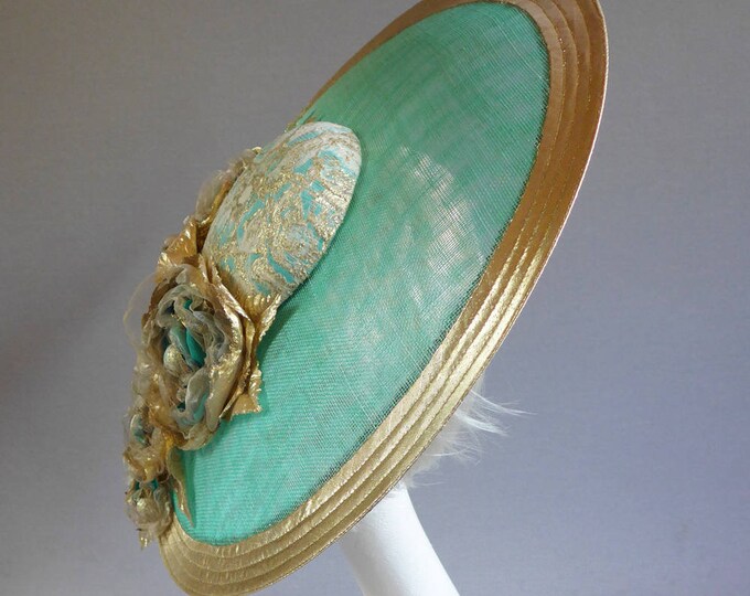Emerald Green and Goldtone Saucer Derby Hat With Handmade Flowers on