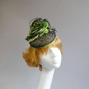 Couture completely handmade cocktail hat in black and springgreen with many many beads on aliceband image 2