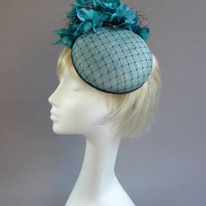 Dutch design Aqua / Black minihat sinamay with black net covering and lots of flowers on aliceband image 4