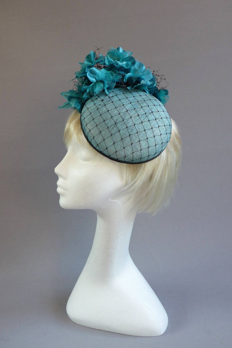 Dutch design Aqua / Black minihat sinamay with black net covering and lots of flowers on aliceband image 4