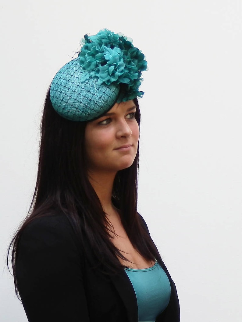 Dutch design Aqua / Black minihat sinamay with black net covering and lots of flowers on aliceband image 1