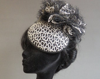 Dutch design handmade black sisal hat covered with off-white lace on aliceband