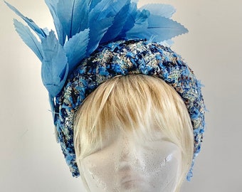 Gorgeous bouclé halo hat in crème and blue with blue feather spray