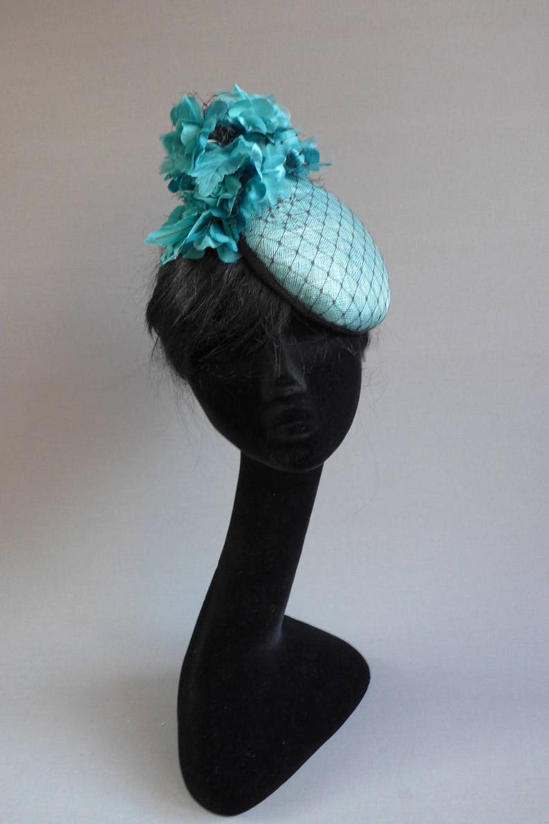 Dutch design Aqua / Black minihat sinamay with black net covering and lots of flowers on aliceband image 5