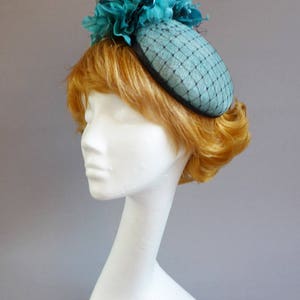 Dutch design Aqua / Black minihat sinamay with black net covering and lots of flowers on aliceband image 7