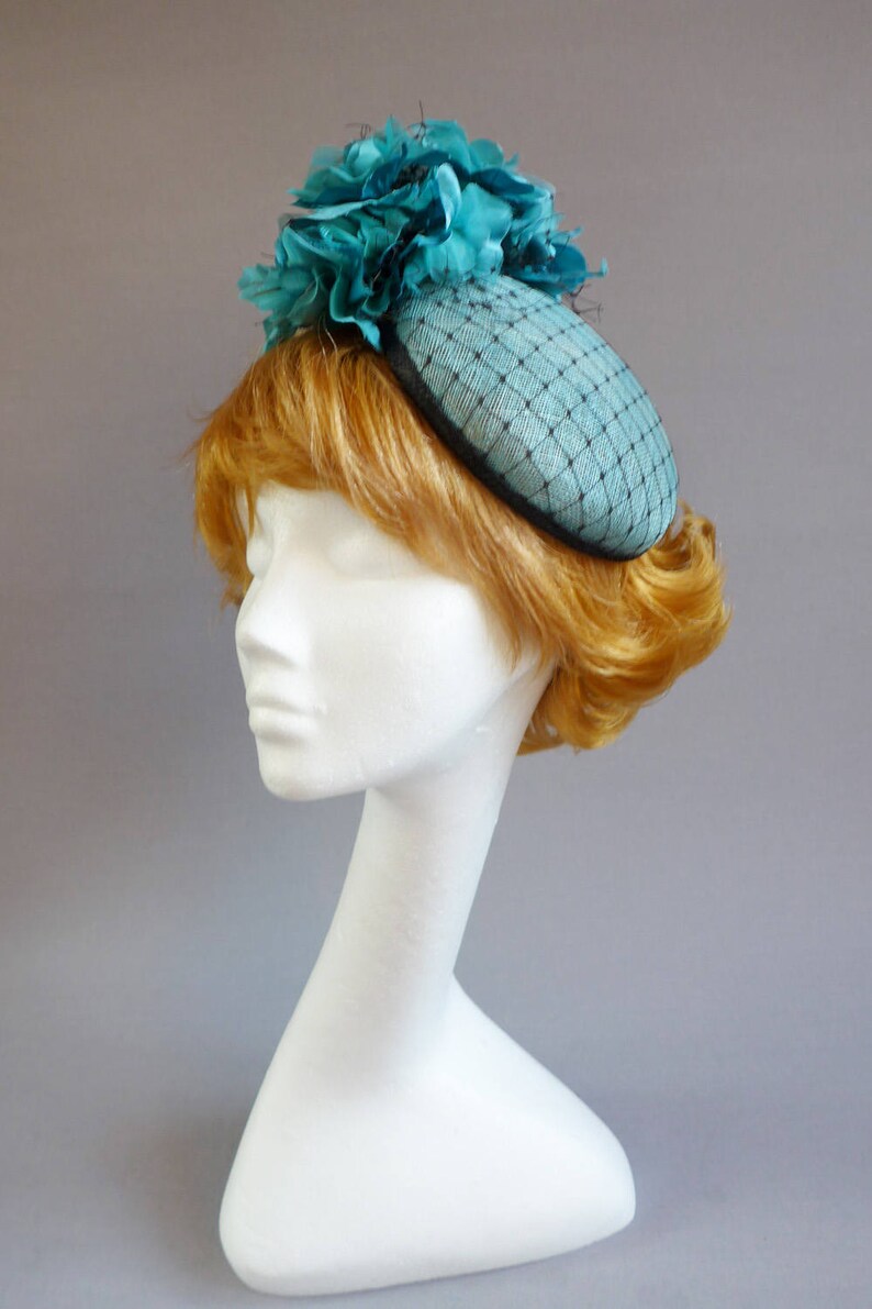 Dutch design Aqua / Black minihat sinamay with black net covering and lots of flowers on aliceband image 7