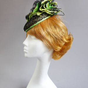 Couture completely handmade cocktail hat in black and springgreen with many many beads on aliceband image 6