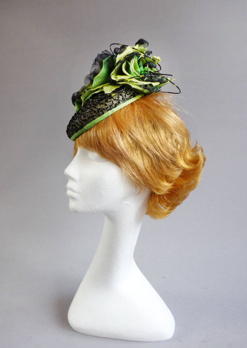 Couture completely handmade cocktail hat in black and springgreen with many many beads on aliceband image 6