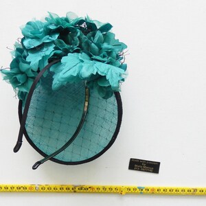 Dutch design Aqua / Black minihat sinamay with black net covering and lots of flowers on aliceband image 10