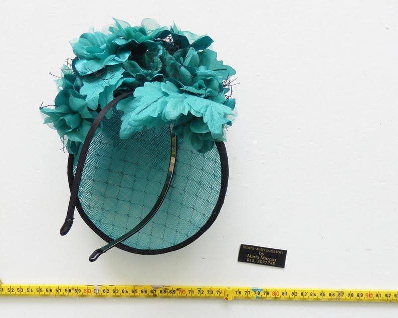 Dutch design Aqua / Black minihat sinamay with black net covering and lots of flowers on aliceband image 10