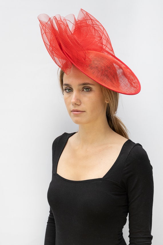 Couture Handmade Red Sinamay Saucer Hat 