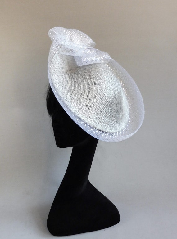 MarcusArtandFashion Made with Passion This Disk Hat Hatinator Silver Colour Sinamay and Crin on Two Combs