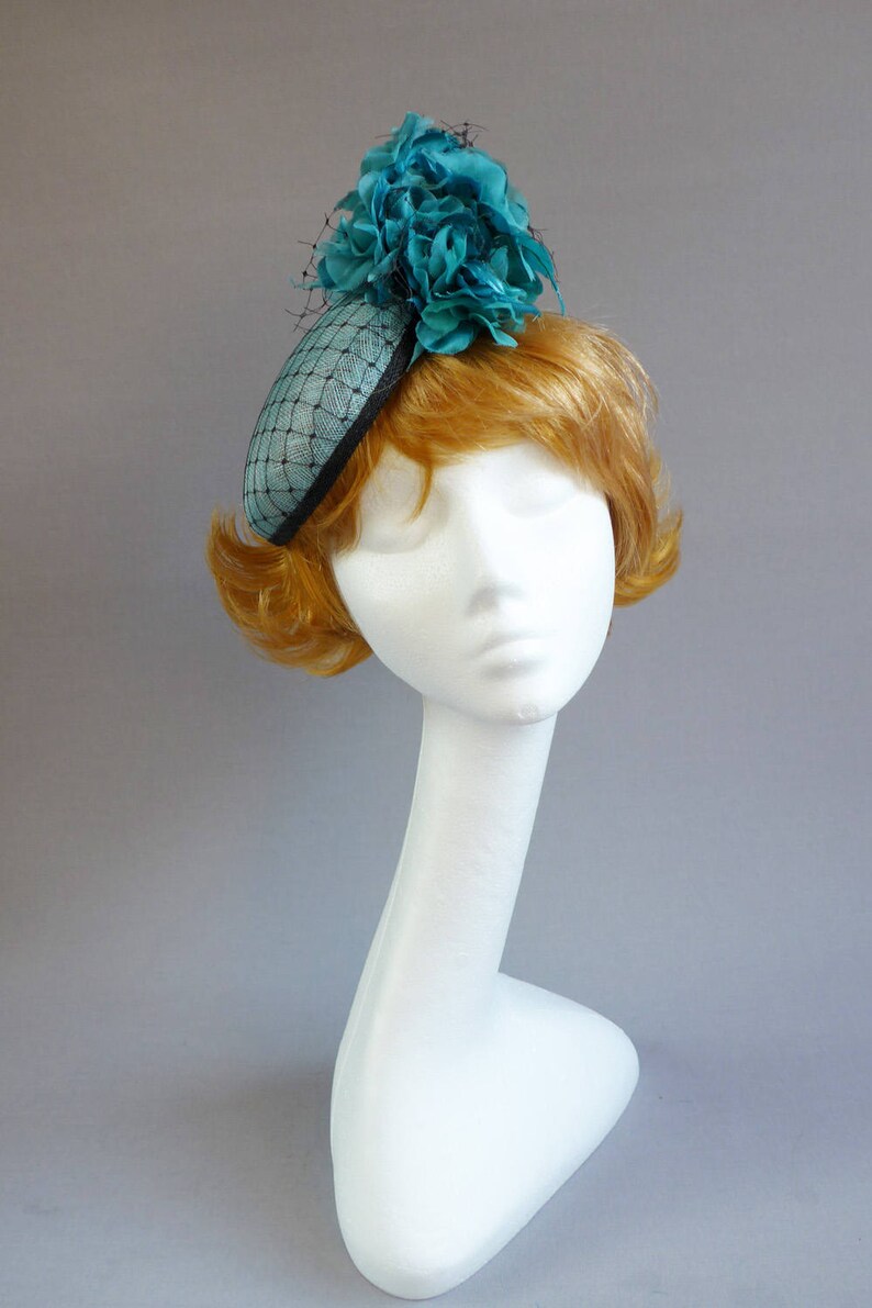 Dutch design Aqua / Black minihat sinamay with black net covering and lots of flowers on aliceband image 3