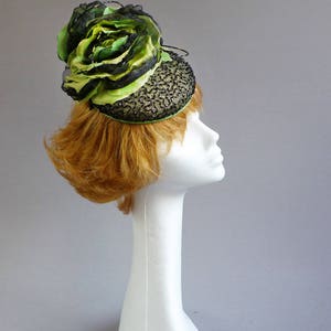 Couture completely handmade cocktail hat in black and springgreen with many many beads on aliceband image 7