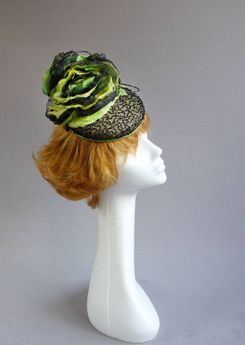 Couture completely handmade cocktail hat in black and springgreen with many many beads on aliceband image 7