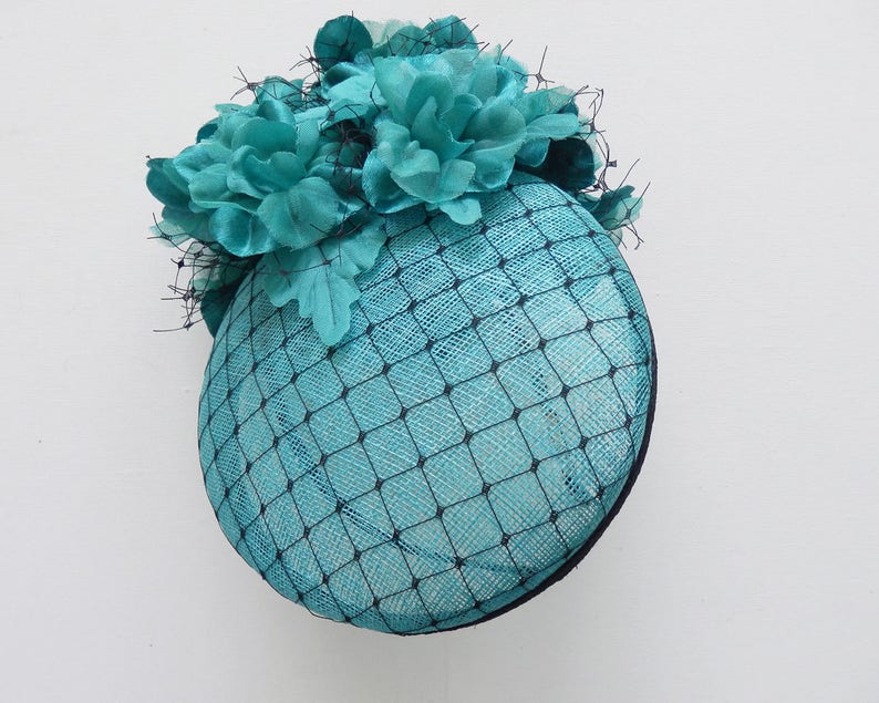 Dutch design Aqua / Black minihat sinamay with black net covering and lots of flowers on aliceband image 8