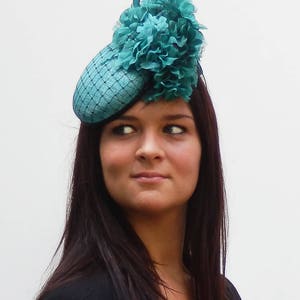 Dutch design Aqua / Black minihat sinamay with black net covering and lots of flowers on aliceband image 2