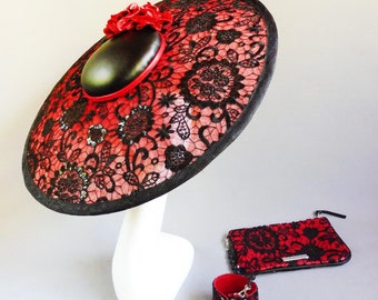 Made with passion this combo saucer hat / bag in red and black made with leather sinamay and lace on aliceband